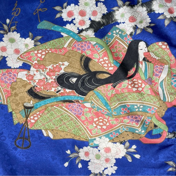 Vintage Juguemm Japanese Geisha & Cherry Blossoms Print Kimono Robe - Blue - Picture 4 of 13